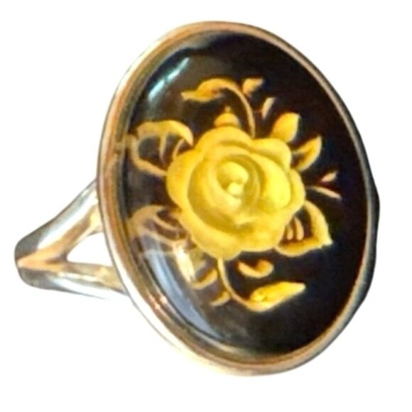 New! Baltic Amber Intaglio Rose in Sterling Silver Adjustable Ring - Picture 5 of 10